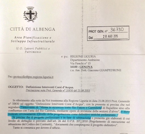 Albenga: continua il botta e risposta sul progetto di regimazione delle acque dei rii Albenga: continua il botta e risposta sul progetto di regimazione delle acque dei rii