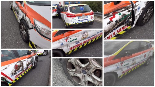 Camion schiaccia auto della Croce Bianca di Albenga contro il guardrail: solo paura per i militi ma mezzo distrutto