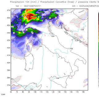 Precipitazioni cumulate nelle 12 ore previste per sabato pomeriggio