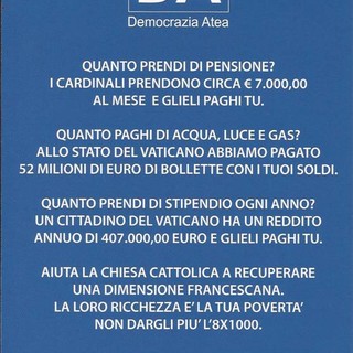 Privilegi del Vaticano? Parte anche a Savona la campagna d’informazione di Democrazia Atea