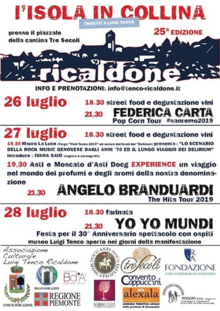 Ricaldone (AL): una cena concerto all’insegna della buona cucina e di ottimi vini nell’ambito del festival l’Isola in collina, che dal 1992 omaggia Luigi Tenco Ricaldone (AL): una cena concerto all’insegna della buona cucina e di ottimi vini nell’ambito del festival l’Isola in collina, che dal 1992 omaggia Luigi Tenco