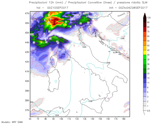 Precipitazioni cumulate nelle 12 ore previste per sabato pomeriggio