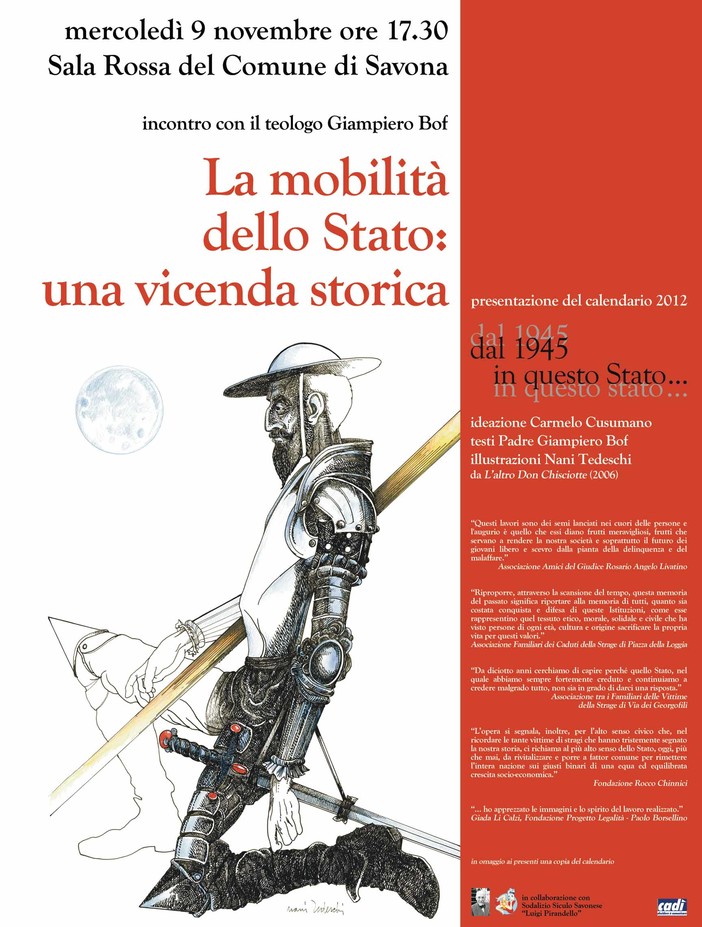 Savona: in Sala Rossa convegno e presentazione del calendario dedicato alle stragi Italiane “dal '45 in questo Stato” Savona: in Sala Rossa convegno e presentazione del calendario dedicato alle stragi Italiane “dal '45 in questo Stato”