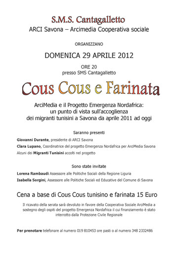 Durante (Arci): "Progetto per i profughi tunisini a Savona e iniziativa alla SMS Cantagalletto"