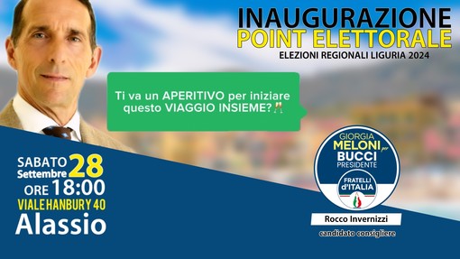 Elezioni regionali, sabato 28 settembre ad Alassio l'inaugurazione del point elettorale di Rocco Invernizzi (FdI) Elezioni regionali, sabato 28 settembre ad Alassio l'inaugurazione del point elettorale di Rocco Invernizzi (FdI)