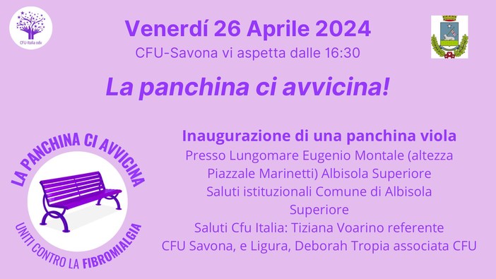Ad Albisola inaugurazione della panchina viola per la fibromialgia Ad Albisola inaugurazione della panchina viola per la fibromialgia