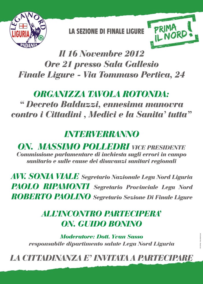 Lega Nord Finale Ligure, tavola rotonda contro il decreto Balduzzi