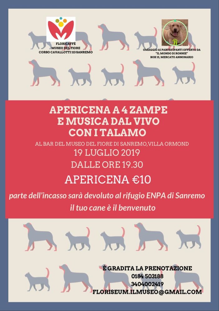 Il Floriseum-Caffè, il Mondo di Ronnie, Enpa Sanremo e la Lavanda Riviera dei Fiori insieme per un apericena a 4 zampe Il Floriseum-Caffè, il Mondo di Ronnie, Enpa Sanremo e la Lavanda Riviera dei Fiori insieme per un apericena a 4 zampe