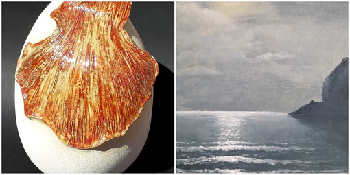 A sinistra: un'opera di Rosanna La Spesa. A destra: Paolo Sottano, &quot;Chiaro di luna a Capo Noli&quot;