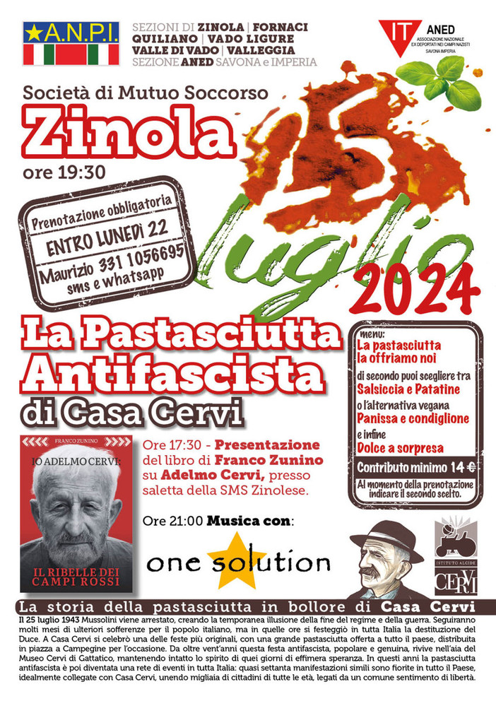 Pastasciutta Antifascista alla Società Fratellanza Zinolese: il 25 luglio una serata per ricordare i valori della Resistenza Pastasciutta Antifascista alla Società Fratellanza Zinolese: il 25 luglio una serata per ricordare i valori della Resistenza