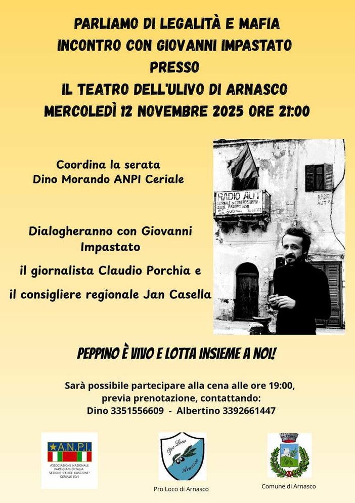 “Parliamo di legalità e mafia” – Incontro con Giovanni Impastato ad Arnasco mercoledì 12 novembre