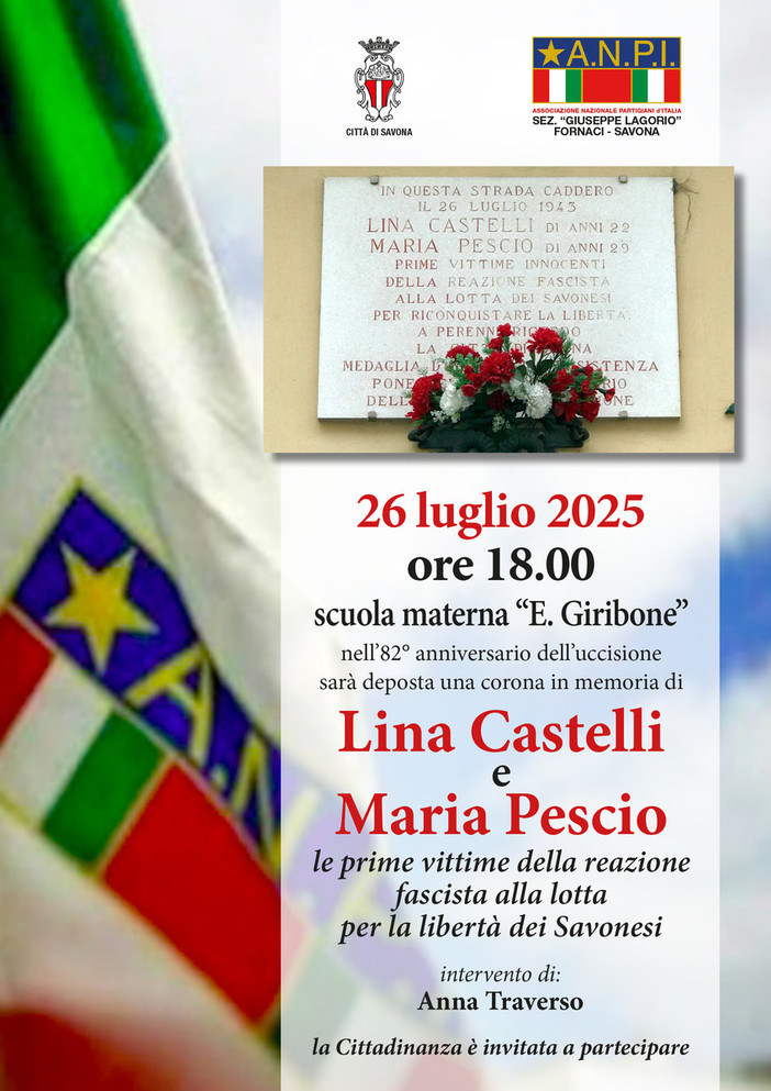 L’Anpi Fornaci “G. Lagorio” di Savona ricorda Lina Castelli e Maria Pescio