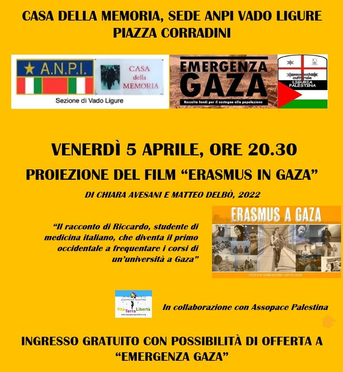 Vado, alla Casa della Memoria la proiezione del film “Erasmus in Gaza”
