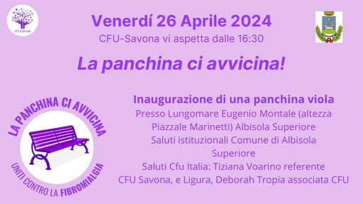Ad Albisola inaugurazione della panchina viola per la fibromialgia Ad Albisola inaugurazione della panchina viola per la fibromialgia