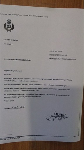 Emergenza terremoto, il Comune di Fiastra ringrazia le pubbliche assistenze di Murialdo e Bardineto Emergenza terremoto, il Comune di Fiastra ringrazia le pubbliche assistenze di Murialdo e Bardineto