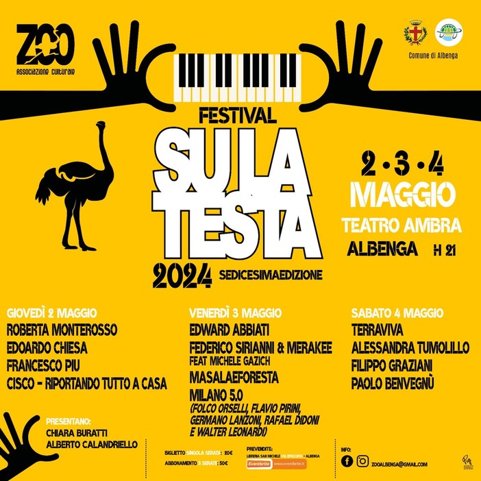Ad Albenga, dal 2 al 4 maggio, la sedicesima edizione del Festival Su La Testa