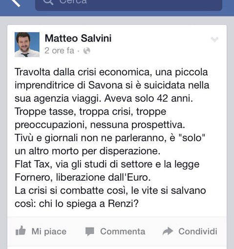 Agente di viaggio suicida a Savona, Salvini:"Un altro morto per disperazione"