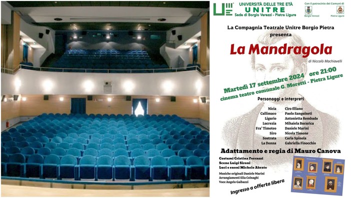 Pietra, l'Unitre sul palco del cinema teatro comunale Moretti con "La Mandragola" di Macchiavelli Pietra, l'Unitre sul palco del cinema teatro comunale Moretti con "La Mandragola" di Macchiavelli