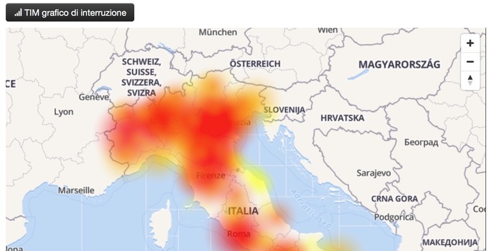 La mappa delle interruzioni pubblicata dal sito downdetector.it. Sempre da downdetector.it il grafico delle interruzioni segnalate La mappa delle interruzioni pubblicata dal sito downdetector.it. Sempre da downdetector.it il grafico delle interruzioni segnalate