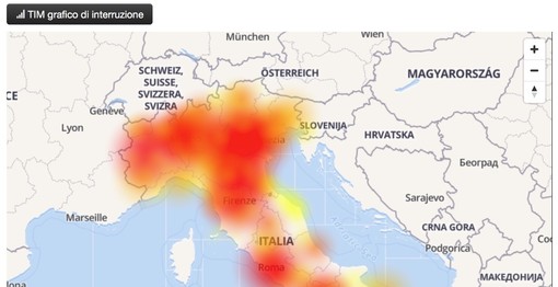 La mappa delle interruzioni pubblicata dal sito downdetector.it. Sempre da downdetector.it il grafico delle interruzioni segnalate La mappa delle interruzioni pubblicata dal sito downdetector.it. Sempre da downdetector.it il grafico delle interruzioni segnalate
