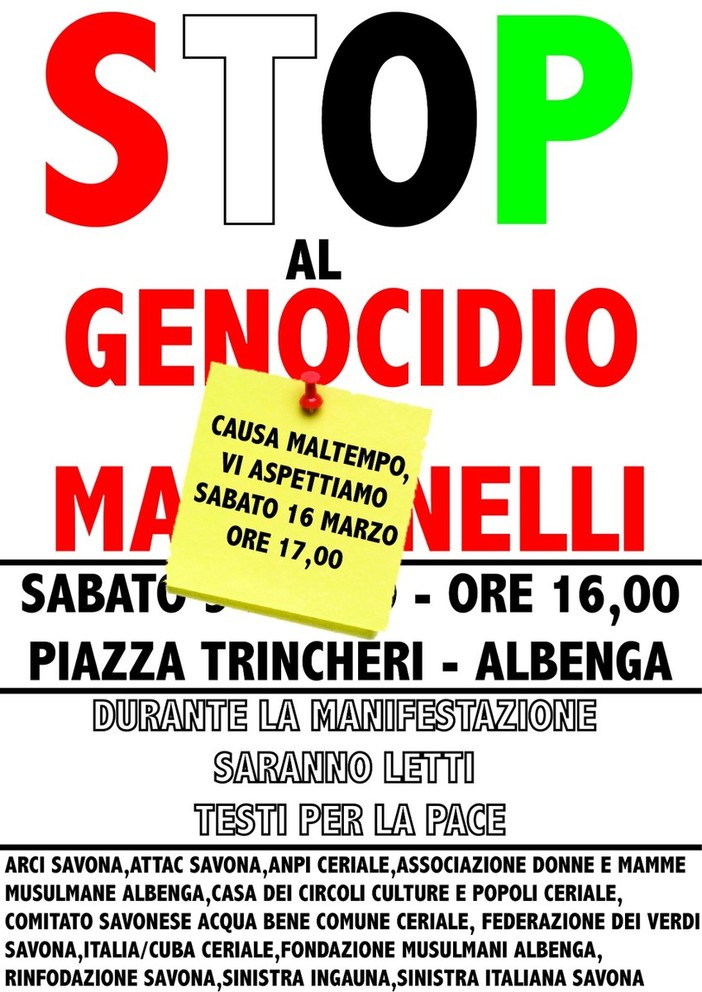 Albenga, rimandata per maltempo la manifestazione "Stop al genocidio e ai manganelli" Albenga, rimandata per maltempo la manifestazione "Stop al genocidio e ai manganelli"