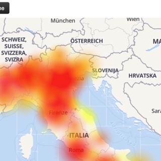 La mappa delle interruzioni pubblicata dal sito downdetector.it. Sempre da downdetector.it il grafico delle interruzioni segnalate La mappa delle interruzioni pubblicata dal sito downdetector.it. Sempre da downdetector.it il grafico delle interruzioni segnalate