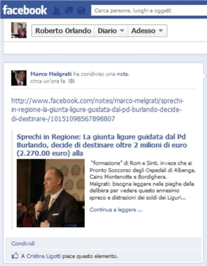 Melgrati (neo capogruppo PdL in Regione) "l'amico" di Roberto Orlando (così si chiamano i contatti su facebook)