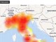 La mappa delle interruzioni pubblicata dal sito downdetector.it. Sempre da downdetector.it il grafico delle interruzioni segnalate La mappa delle interruzioni pubblicata dal sito downdetector.it. Sempre da downdetector.it il grafico delle interruzioni segnalate