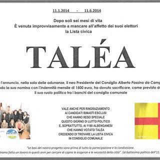 Albenga: Ciangherotti "Talea è venuta a mancare all'affetto dei suoi cari"