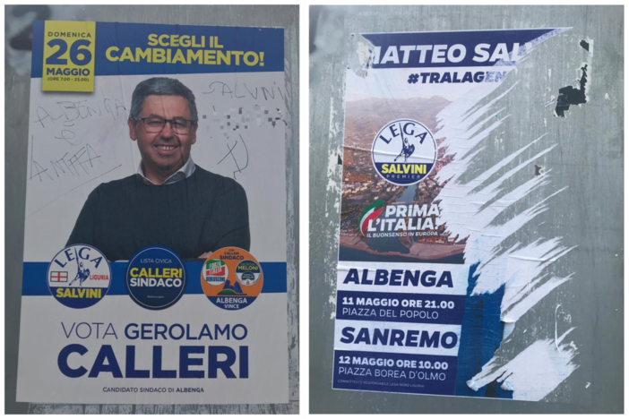 Albenga, manifesti strappati e scritte offensive contro Calleri e Salvini Albenga, manifesti strappati e scritte offensive contro Calleri e Salvini