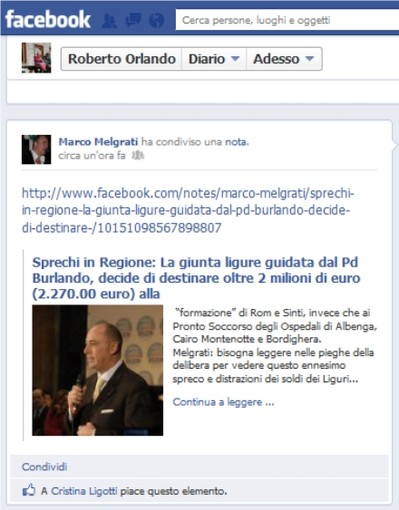 Melgrati (neo capogruppo PdL in Regione) "l'amico" di Roberto Orlando (così si chiamano i contatti su facebook)