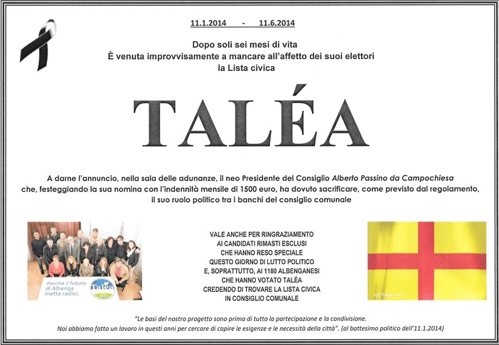 Albenga: Ciangherotti "Talea è venuta a mancare all'affetto dei suoi cari"