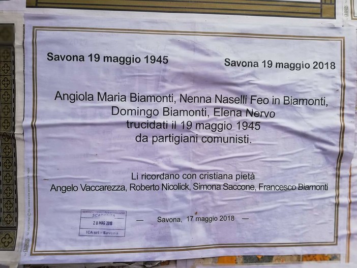 Savona: manifesti mortuari per l'uccisione della famiglia Biamonti