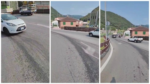 Finale, olio sversato sull'asfalto: pericolo sul ponte tra Borgo e Perti Finale, olio sversato sull'asfalto: pericolo sul ponte tra Borgo e Perti
