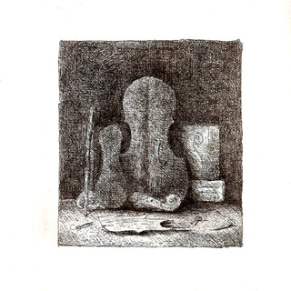 Eso Peluzzi, Violini, 1982, acquaforte, esemp. N. 17/50, opera firmata, cm. 35 x 25 (il foglio), (coll.priv.)