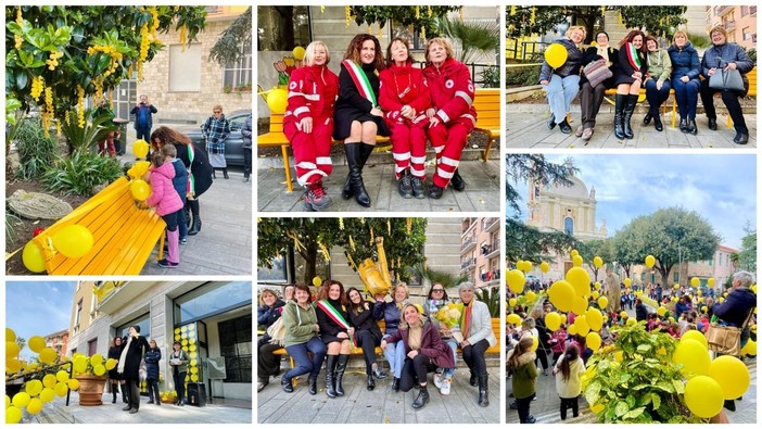 Vado, inaugurata una panchina gialla per le donne in piazza S. Giovanni Battista (FOTO)