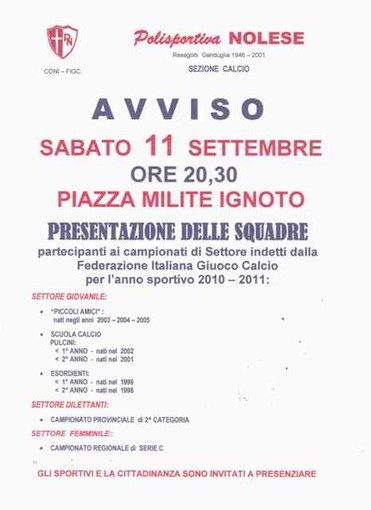 Noli: questa sera presentazione squadre Polisportiva Nolese Noli: questa sera presentazione squadre Polisportiva Nolese