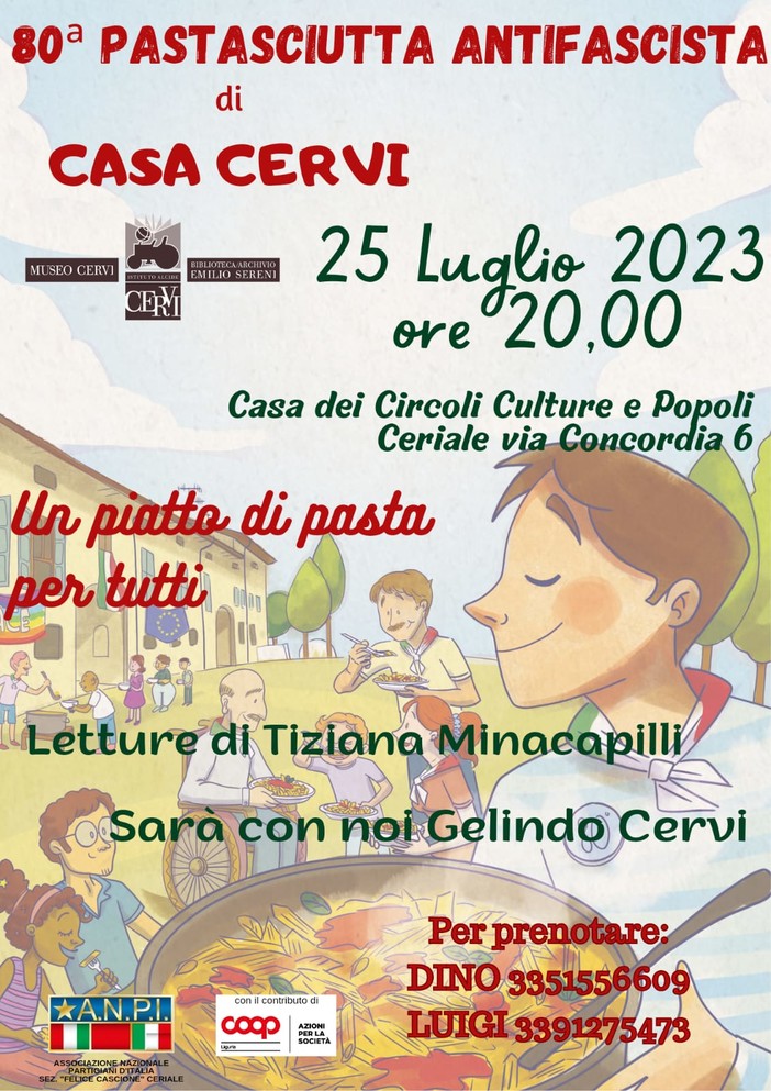 Torna la “Pastasciutta Antifascista”: il 25 luglio a Ceriale ci sarà anche Gelindo Cervi Torna la “Pastasciutta Antifascista”: il 25 luglio a Ceriale ci sarà anche Gelindo Cervi