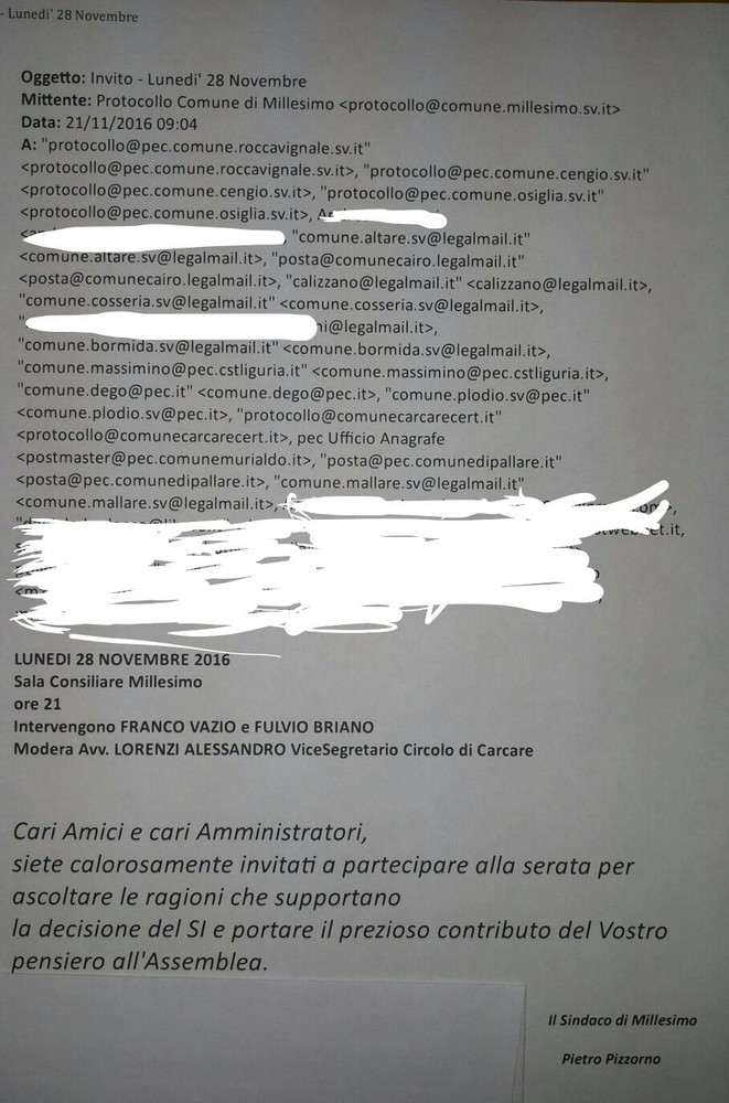 Millesimo, inviti al "SI" dalla mail del Protocollo: è polemica