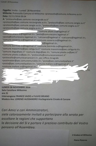Millesimo, inviti al "SI" dalla mail del Protocollo: è polemica