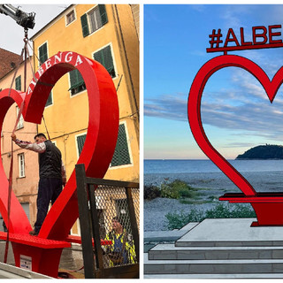 A sinistra la panchina posizionata durante "Fior d'Albenga"; a destra il rendering dell'idea presentata da Riccardo Tomatis