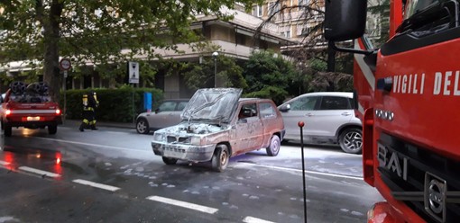Albisola, panda a fuoco sull'Aurelia: intervento dei vigili del fuoco Albisola, panda a fuoco sull'Aurelia: intervento dei vigili del fuoco