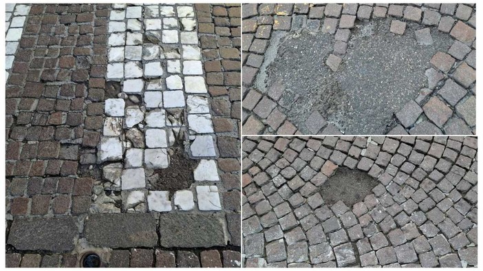 Savona, in piazza Mameli porfido sconnesso, rattoppi di asfalto e buche: rischio per moto e pedoni