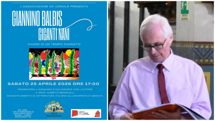 Ceriale, sabato 25 aprile Giannino Balbis presenta il suo libro “Giganti nani. Avanzi di un tempo dannato”