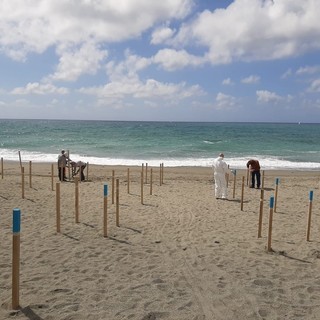 Albisola, continua l'allestimento con corde e picchetti delle spiagge libere: prevista una corsia per i singoli anche nell'area dedicata ai gruppi familiari