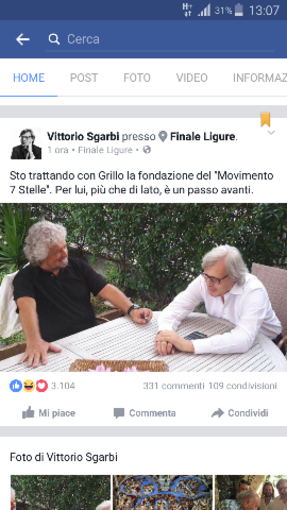 Sgarbi incontra Grillo a Finale:&quot;Stiamo trattando per la fondazione del M7S&quot;