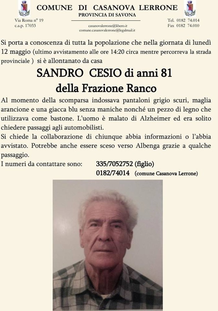 Anziano 81enne disperso a Casanova Lerrone: continuano le ricerche