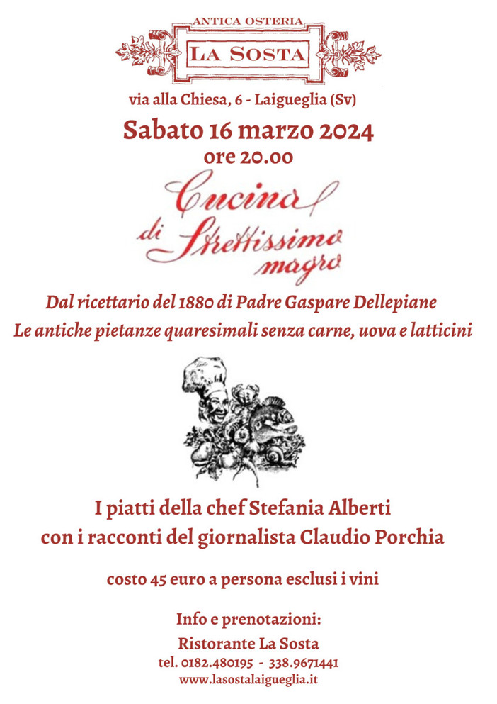 Laigueglia: sabato 16 marzo una cena di "Strettissimo Magro" al ristorante La Sosta