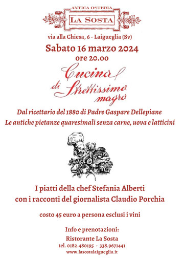 Laigueglia: sabato 16 marzo una cena di "Strettissimo Magro" al ristorante La Sosta