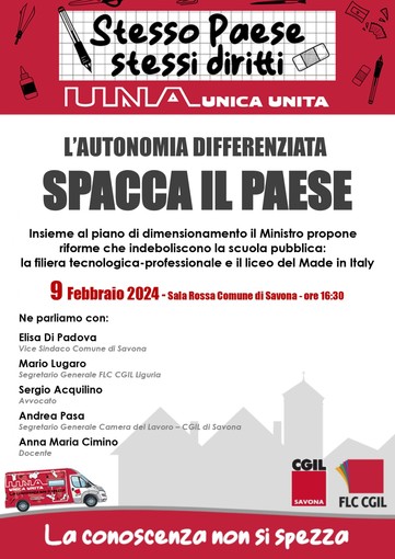 “Stesso Paese, stessi diritti”: Flc Cgil contro l’autonomia differenziata il 9 febbraio a Savona